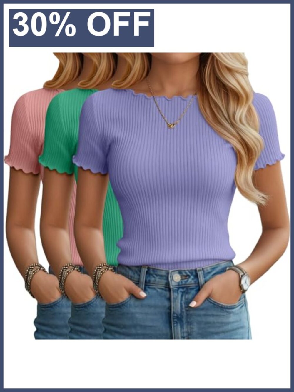 3 Pack Women's Boat Neck Lettuce Trim Ribbed Crop Tops Short Sleeve